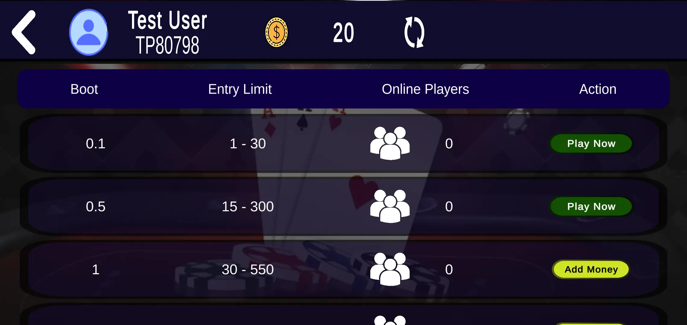 Pick a table by boot and entry limit, with live online-player counts